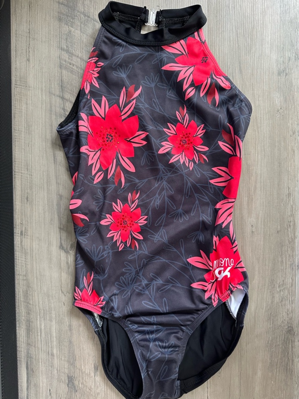 GK Black Simone Biles Leotard with Bright Pink Floral Print